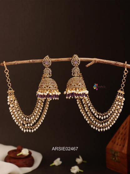 AD Stone Long Earrings with Pearl Layer Earchains