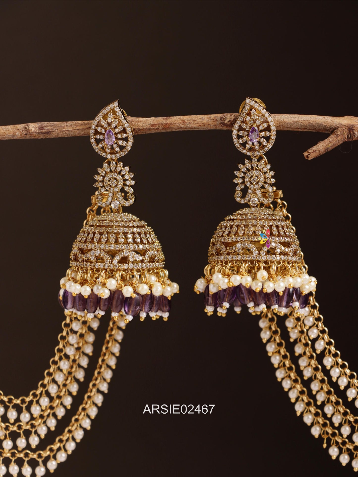 AD Stone Long Earrings with Pearl Layer Earchains