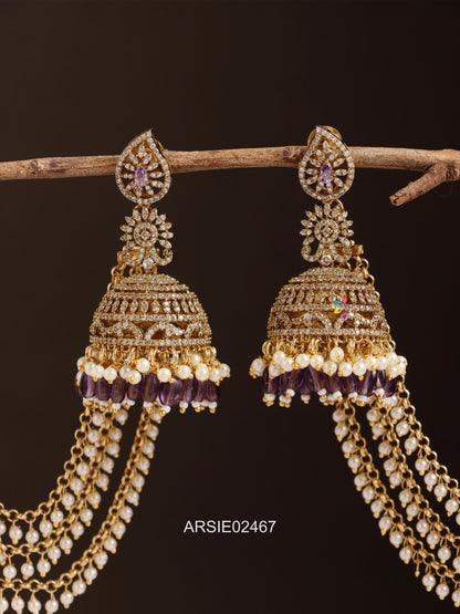 AD Stone Long Earrings with Pearl Layer Earchains