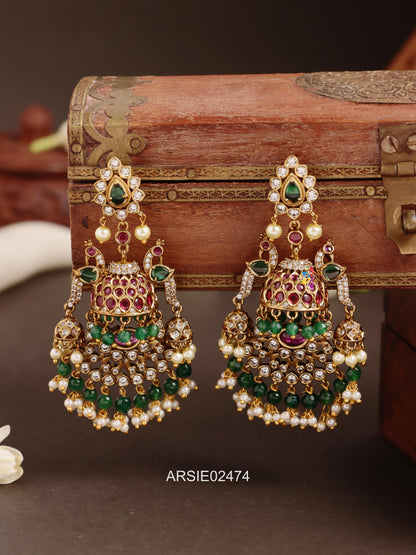 Peacock Design Stone and Bead Long Earrings