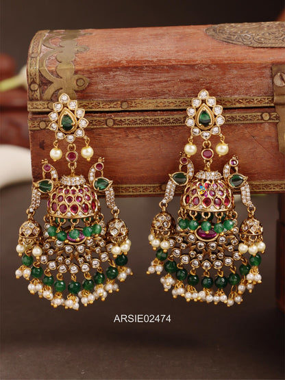 Peacock Design Stone and Bead Long Earrings