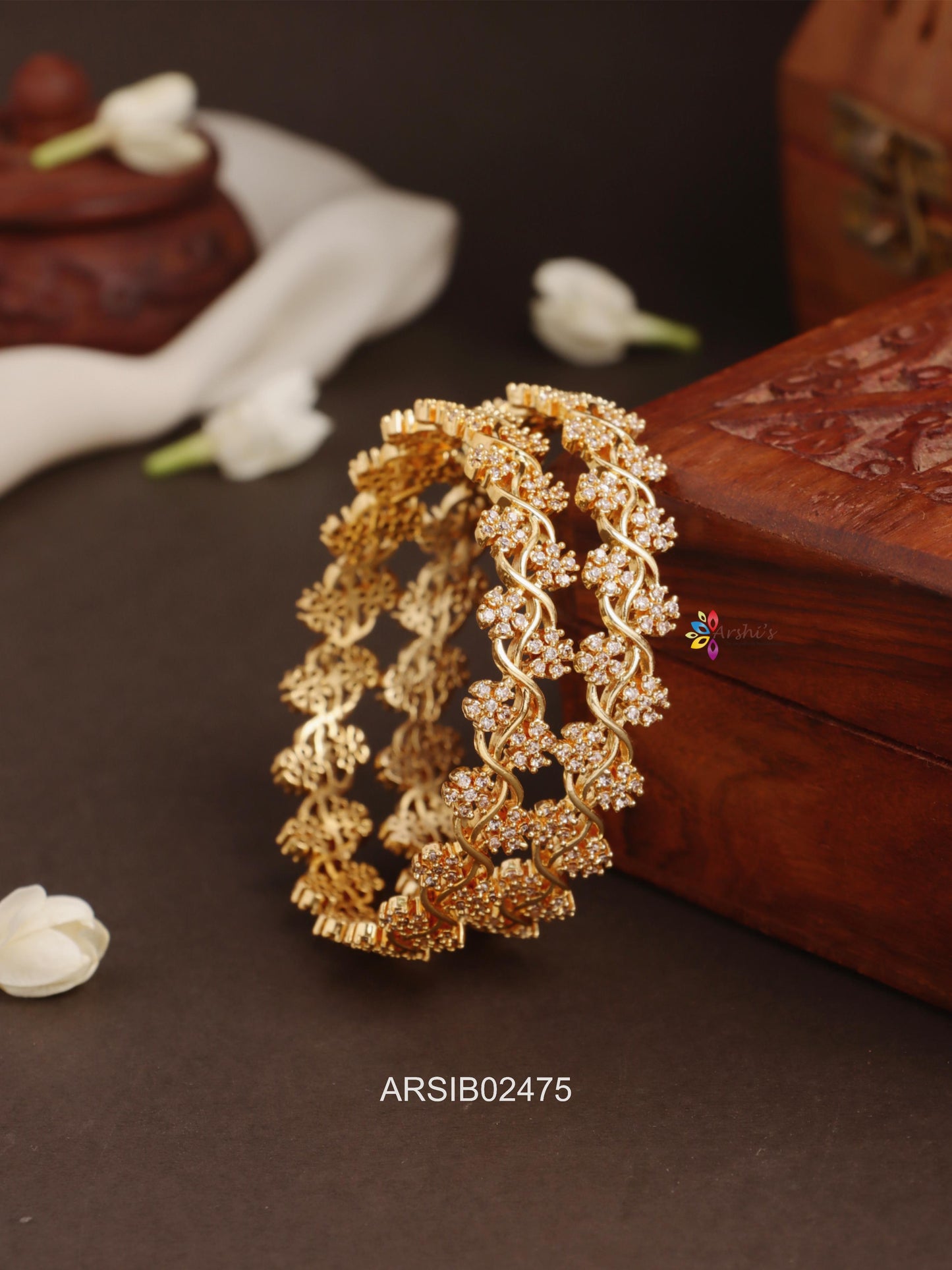 Flower Design AD White Stone Bangles
