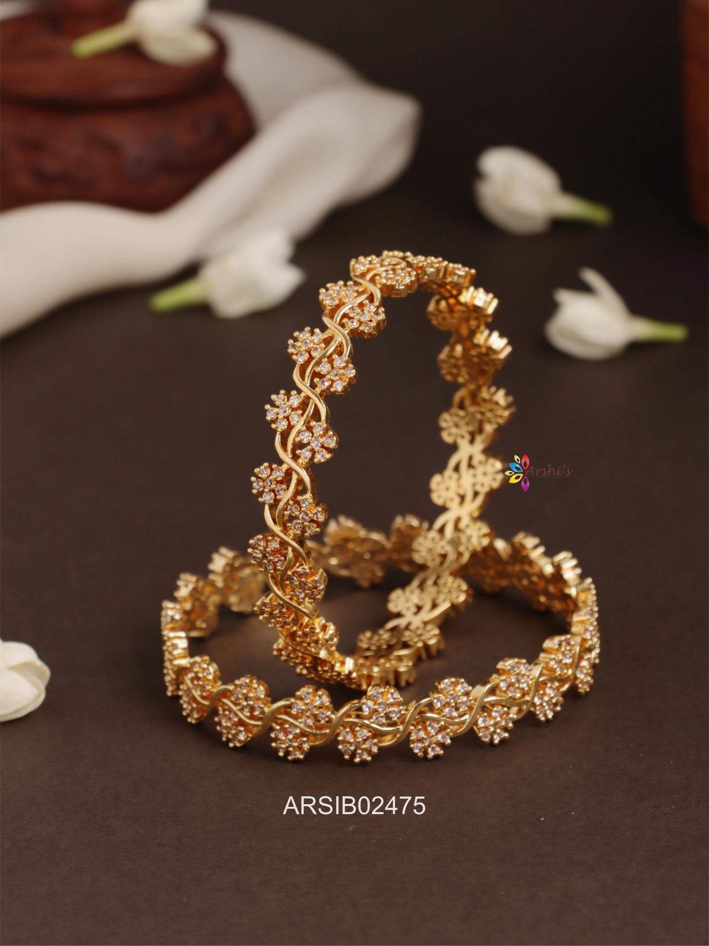 Flower Design AD White Stone Bangles