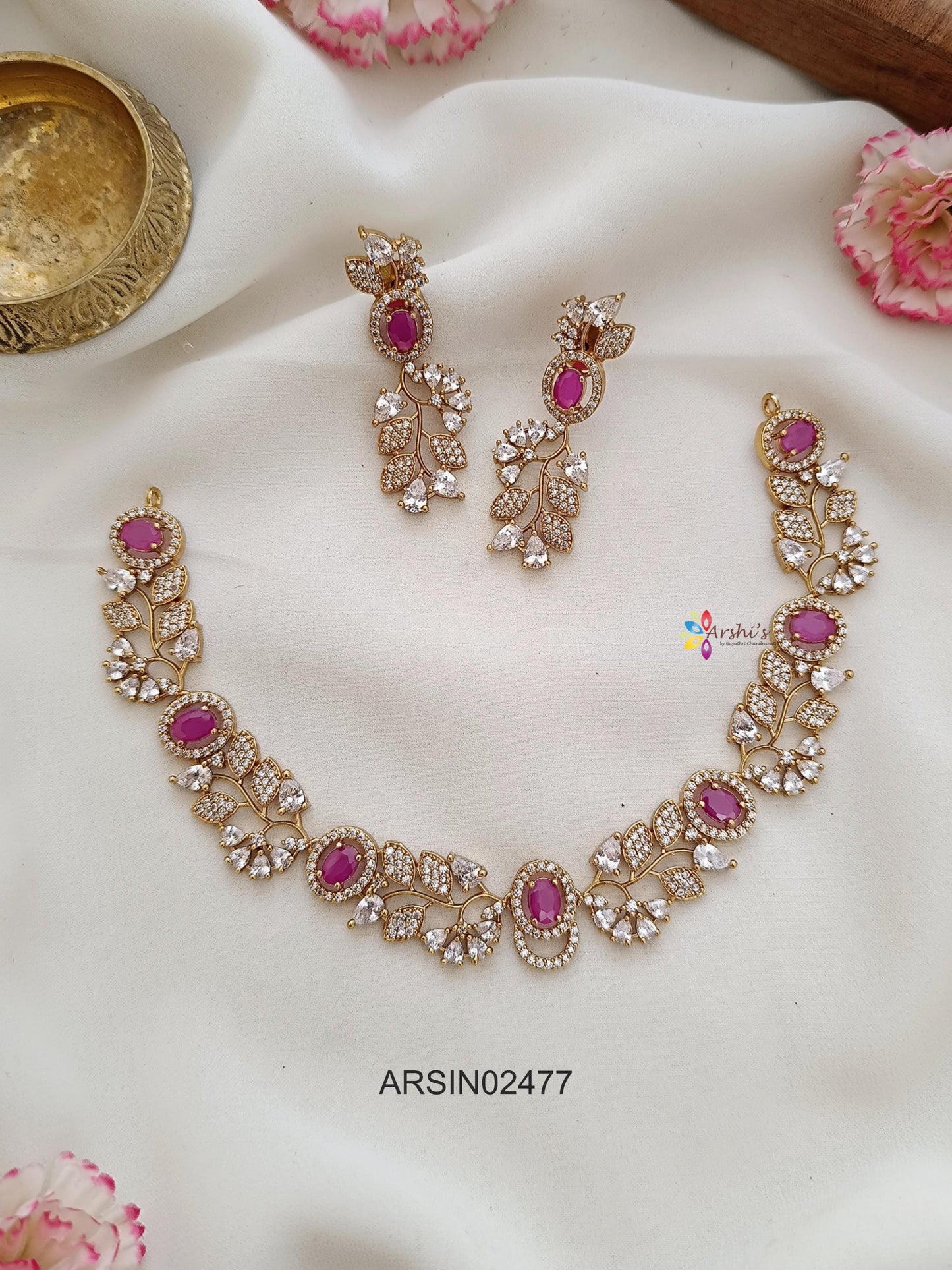 Leaf Design AD and Ruby Stone Necklace