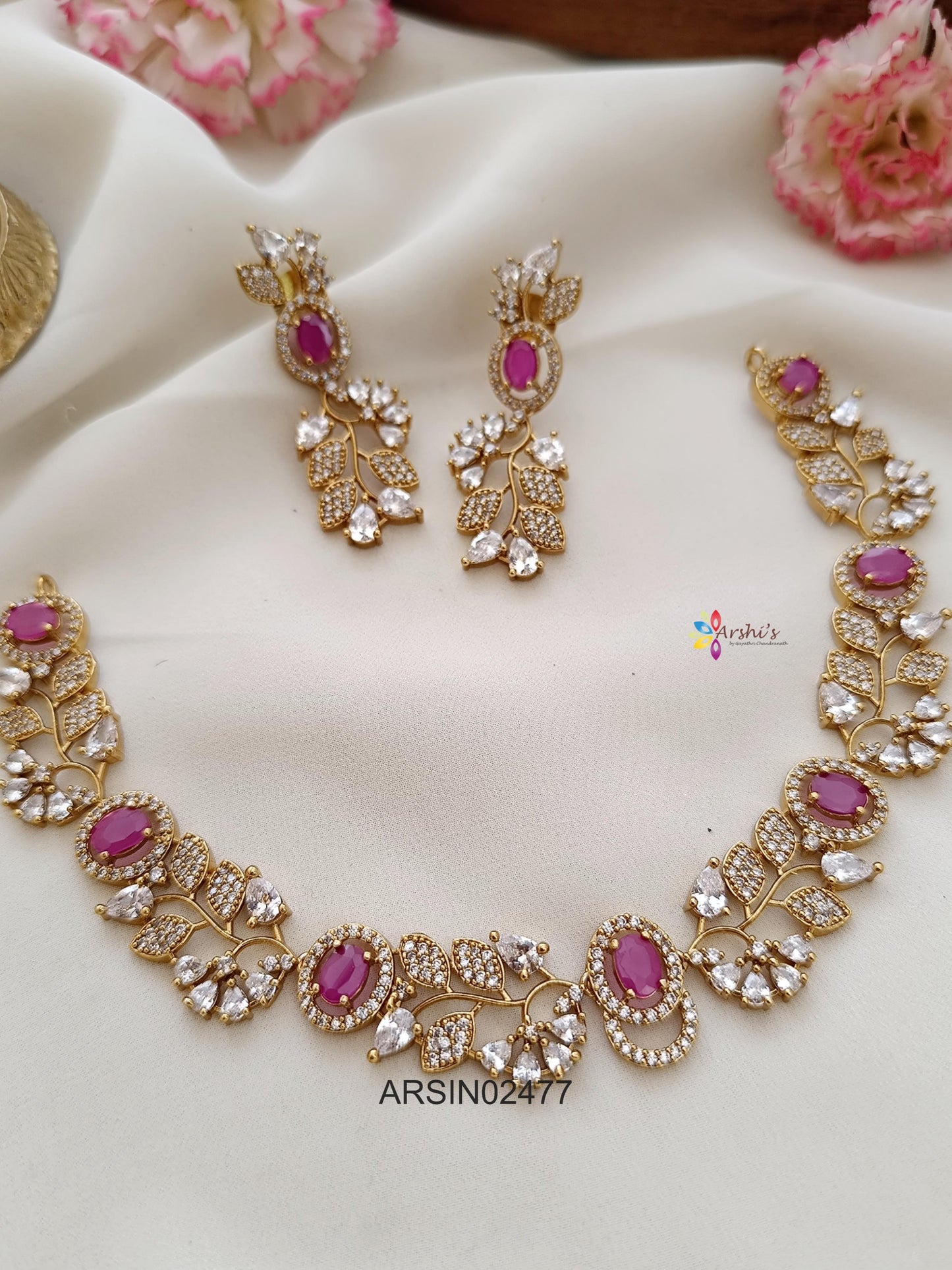 Leaf Design AD and Ruby Stone Necklace