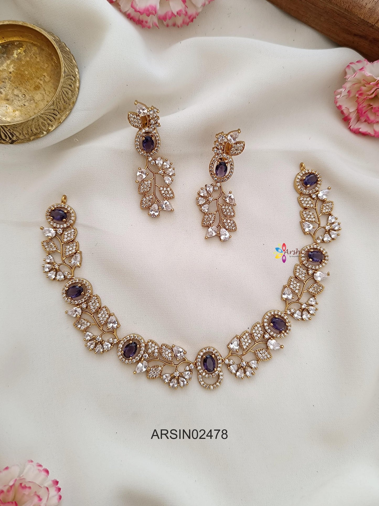 Leaf Design AD and Purple Stone Necklace