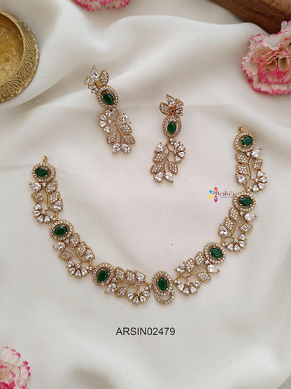 Leaf Design AD and Emerald Stone Necklace
