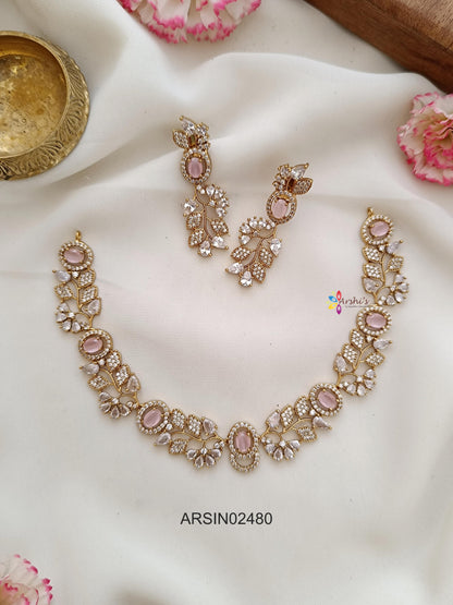 Leaf Design AD and Pale Pink Stone Necklace