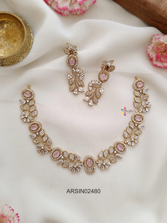 Leaf Design AD and Pale Pink Stone Necklace