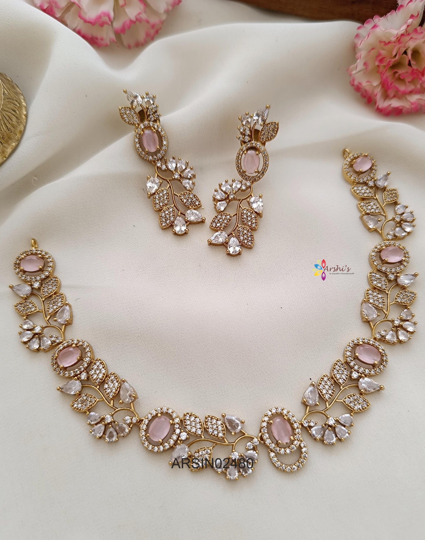 Leaf Design AD and Pale Pink Stone Necklace