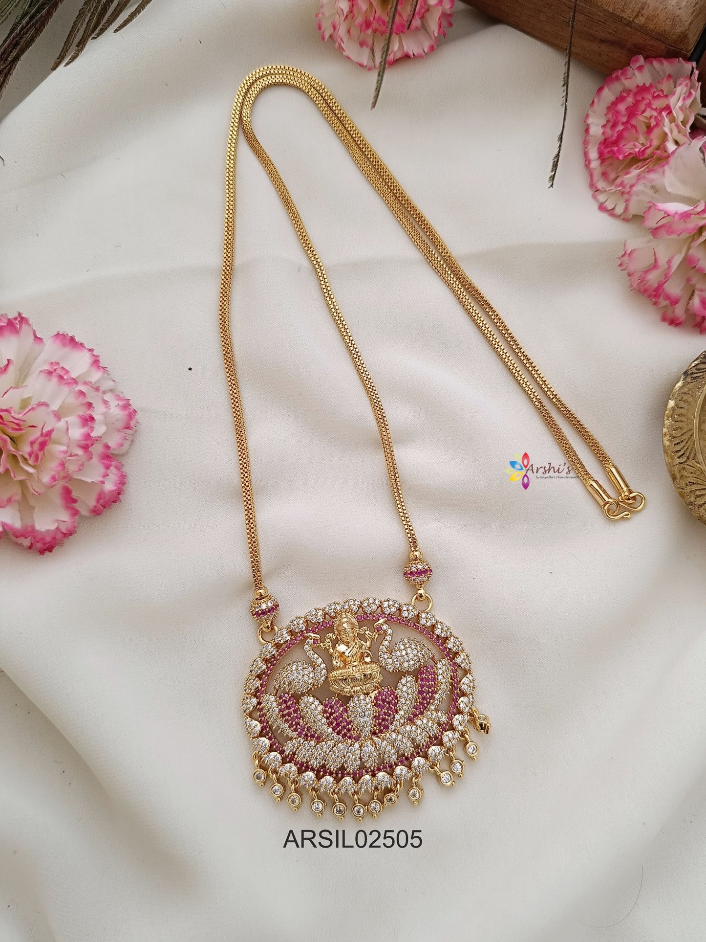 Lakshmi and Peacock Pendant Red and White Stone Haram