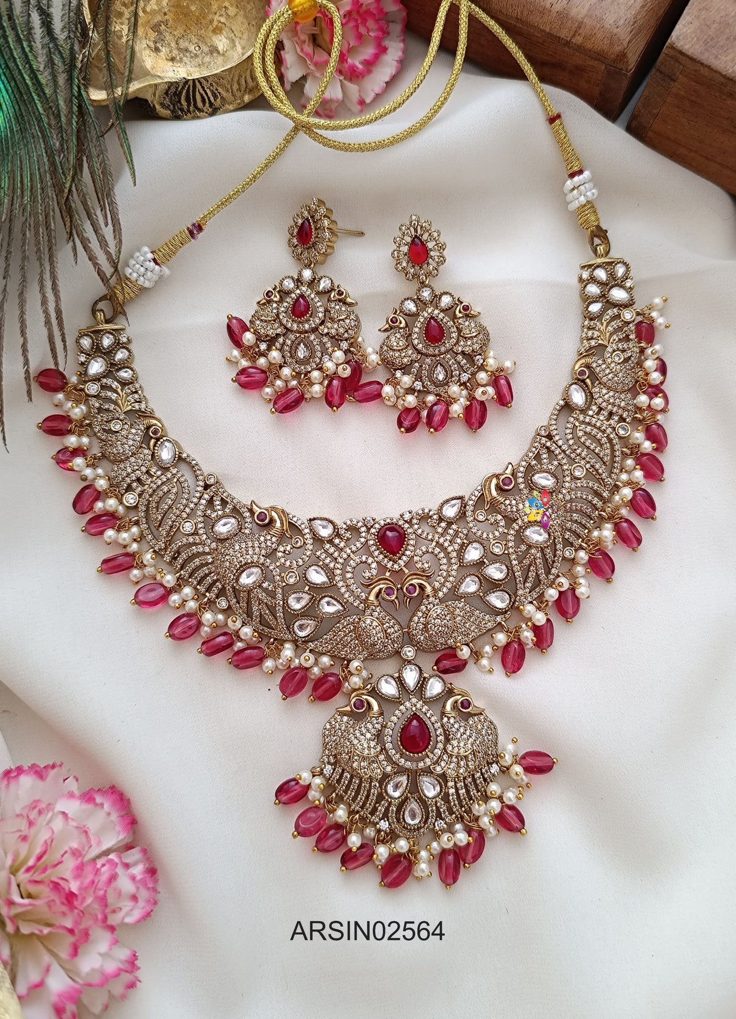 Bridal Victorian Red Bead Drops Necklace