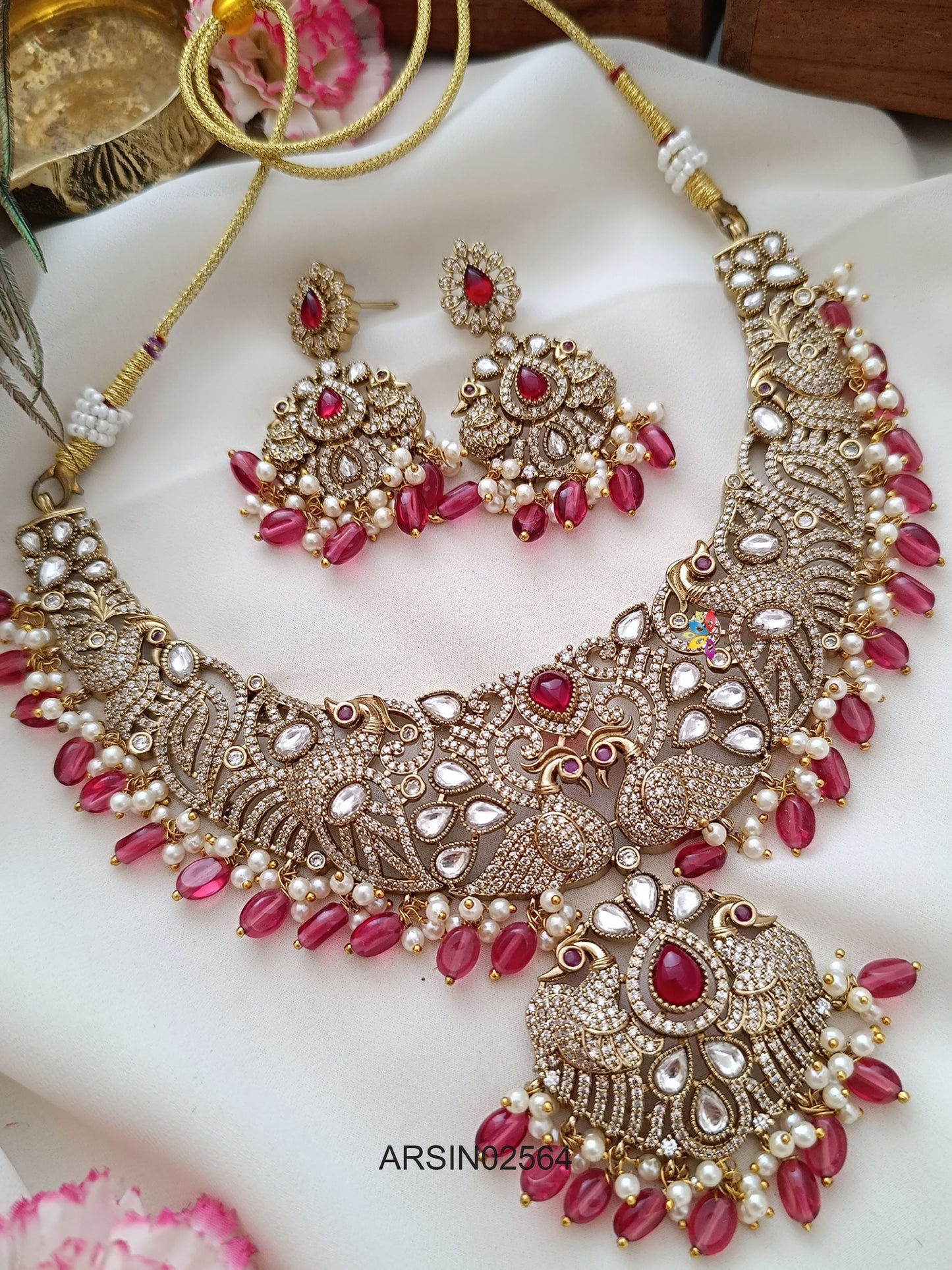 Bridal Victorian Red Bead Drops Necklace