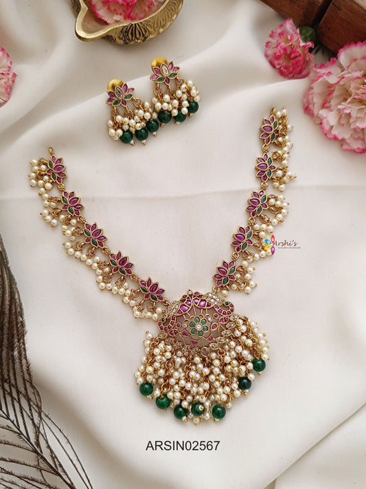 Lotus Design Pearl Drops Necklace