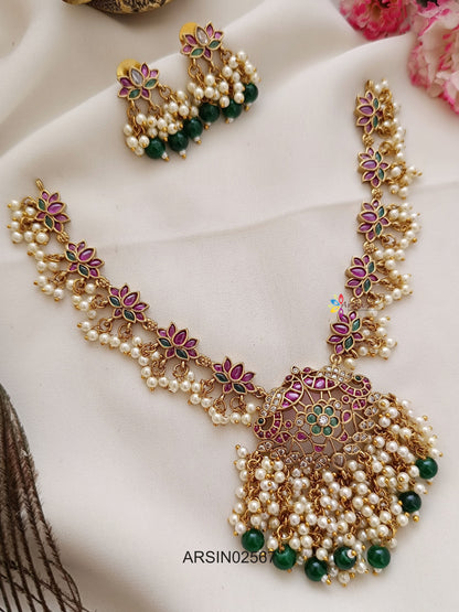 Lotus Design Pearl Drops Necklace