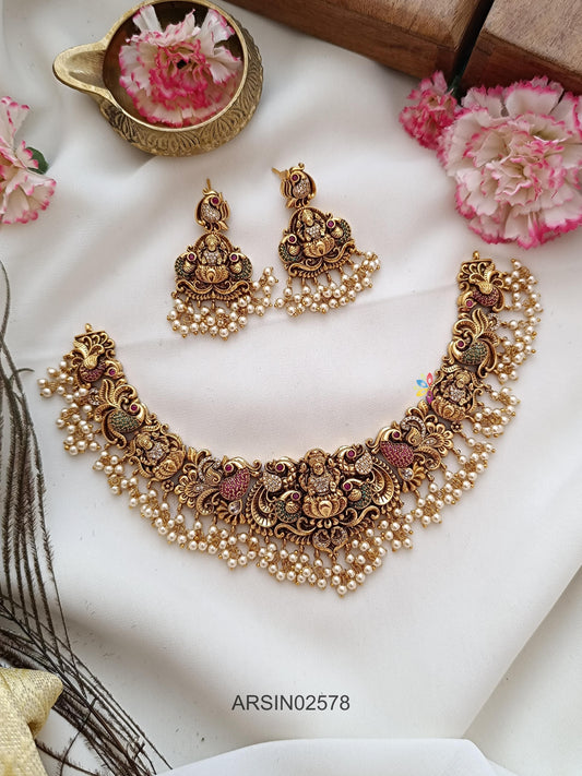 Antique Peacock and Lakshmi Pearl Drops Necklace