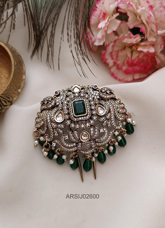 Victorian Emerlad Stone and Beads Hair Brooch