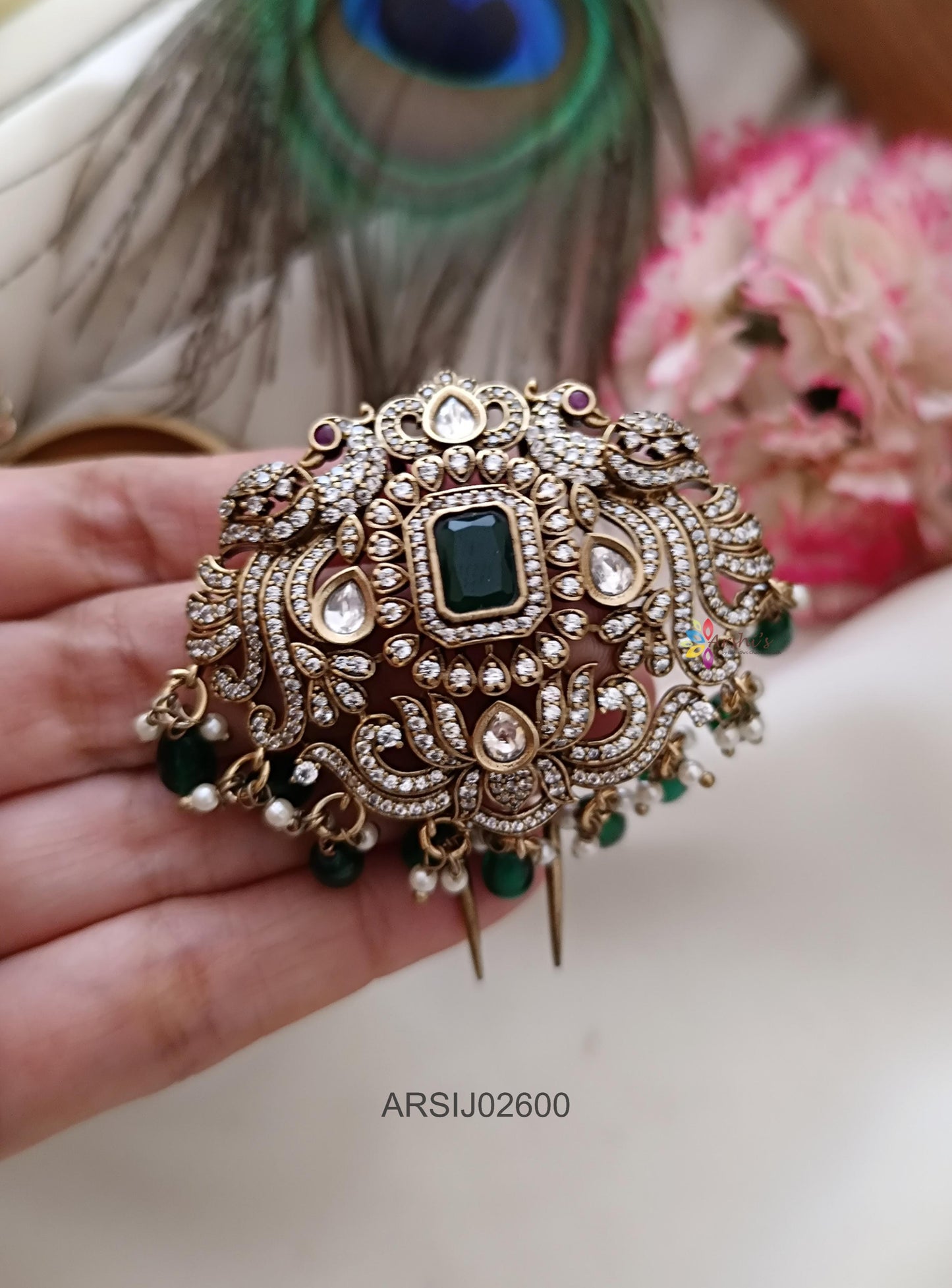 Victorian Emerlad Stone and Beads Hair Brooch