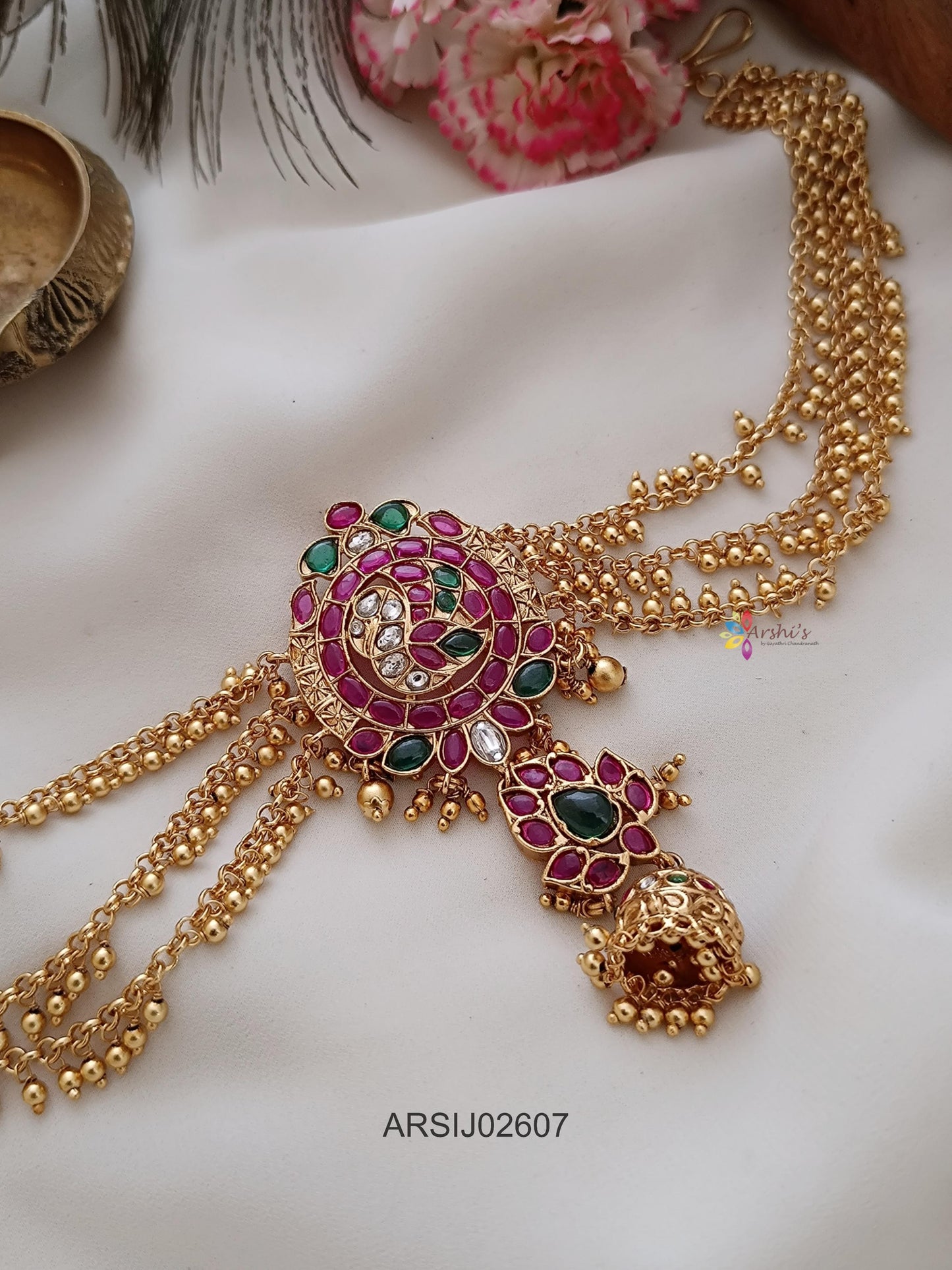 Kemp Stone Brooch with Gold Bead Earchains