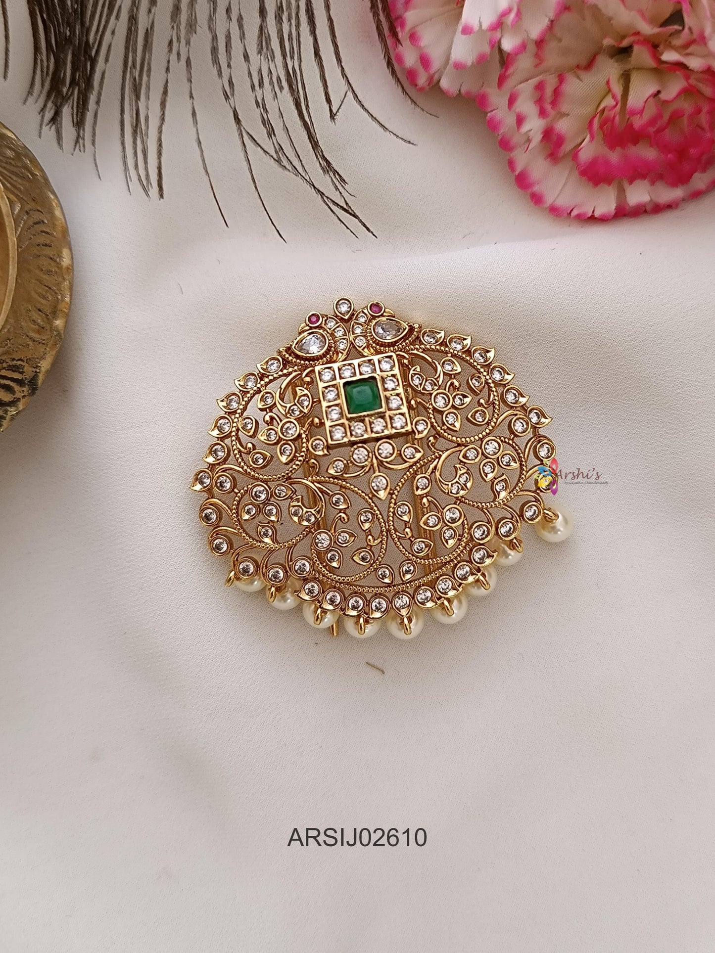 White and Emerald Stone Hair Brooch