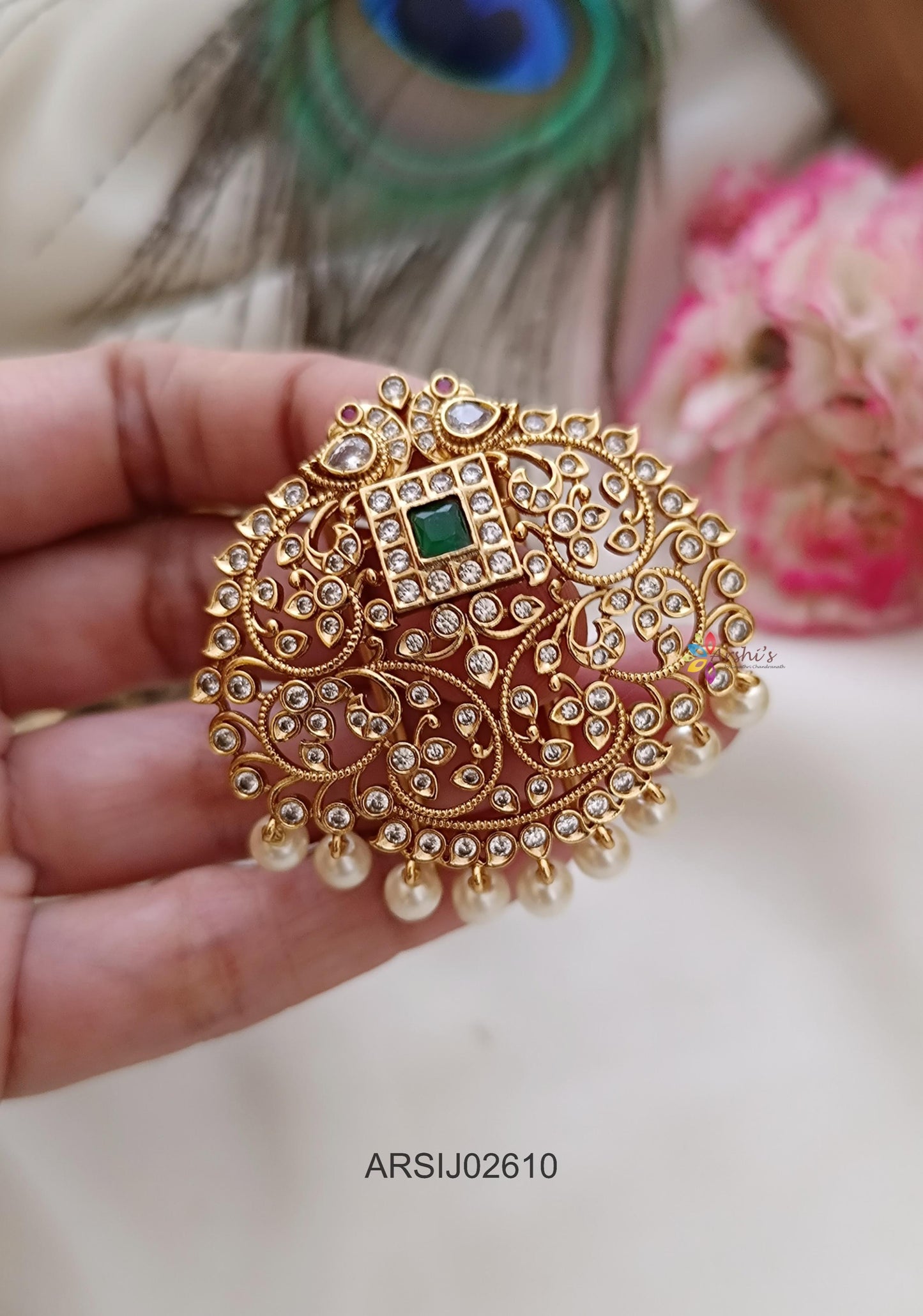 White and Emerald Stone Hair Brooch