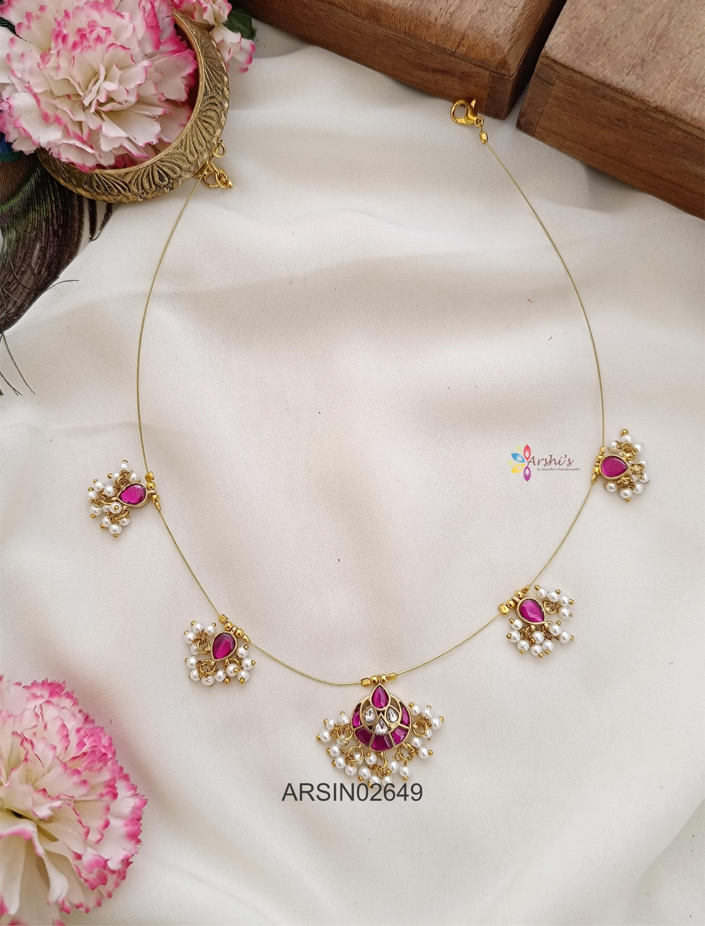 Ruby White Stone and Pearl Invisible Necklace