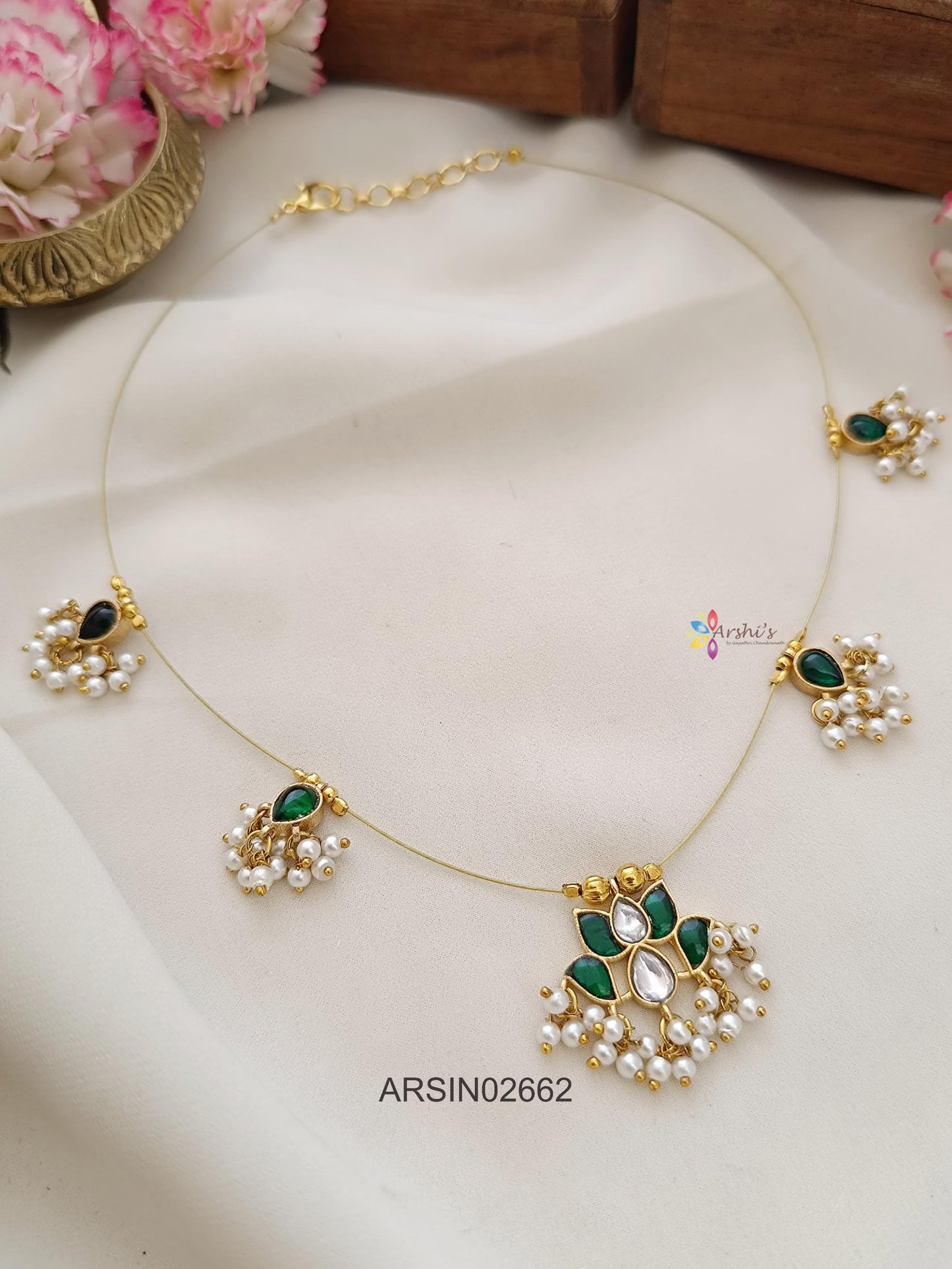 Green Lotus and Pearls Invisible Necklace
