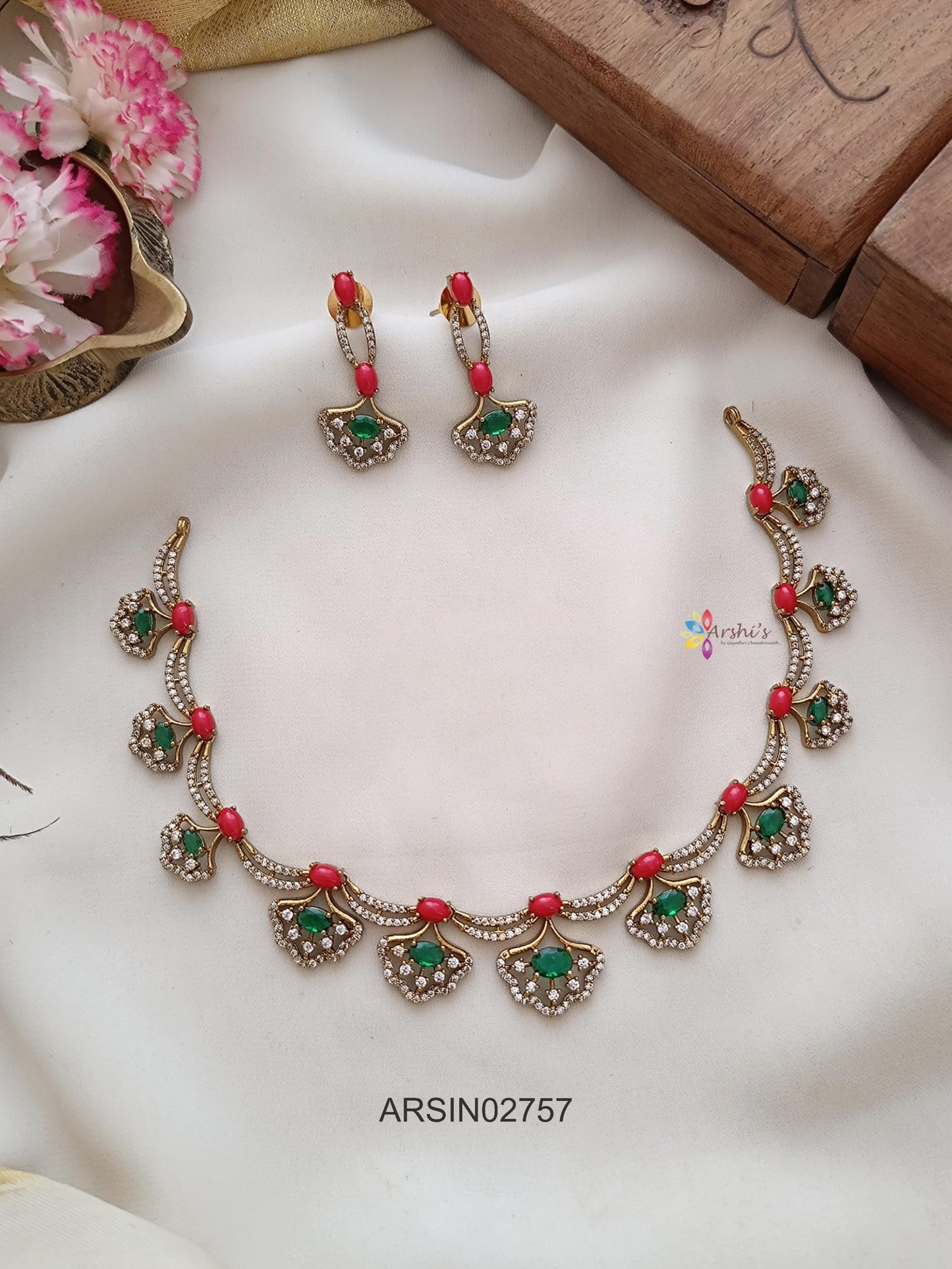 Coral and Emerald Stone Necklace