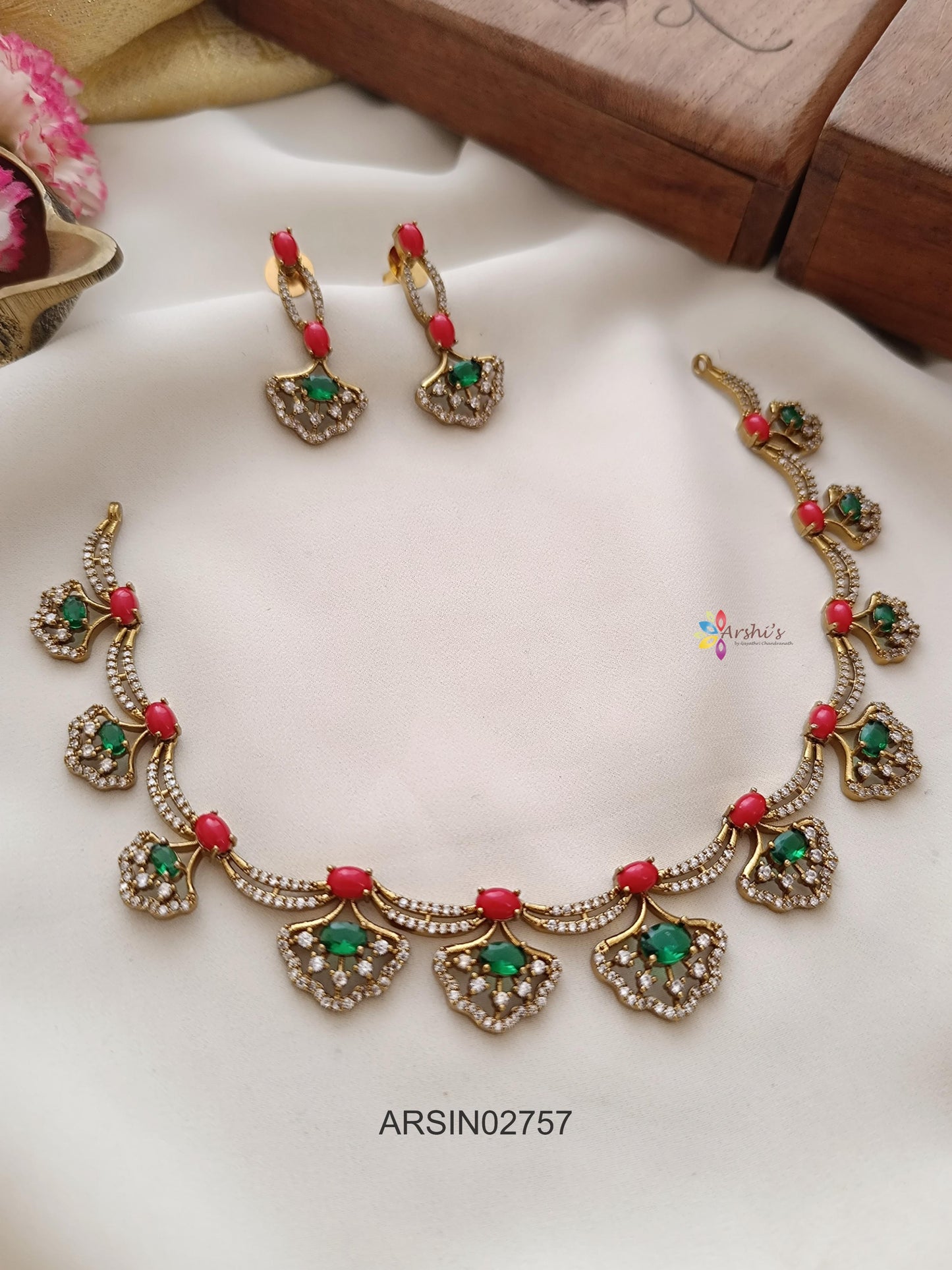 Coral and Emerald Stone Necklace