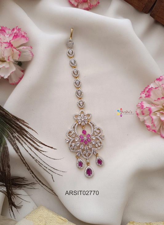 Diamond Look Like Pink Stone Maangtikka