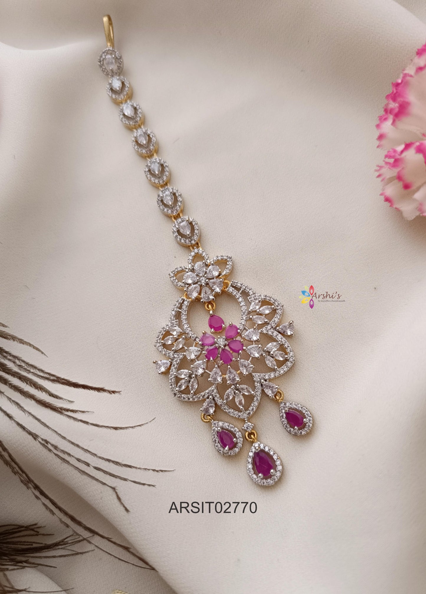 Diamond Look Like Pink Stone Maangtikka