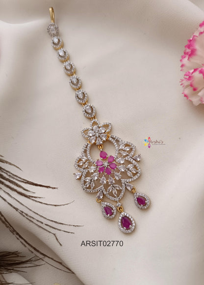 Diamond Look Like Pink Stone Maangtikka