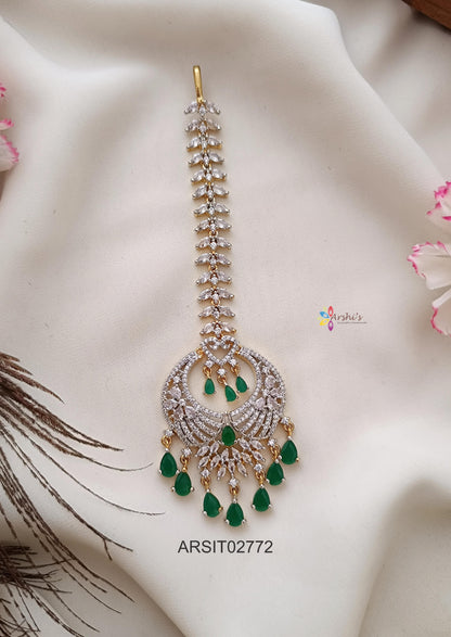 Diamond Look Like Green Stone Maangtikka