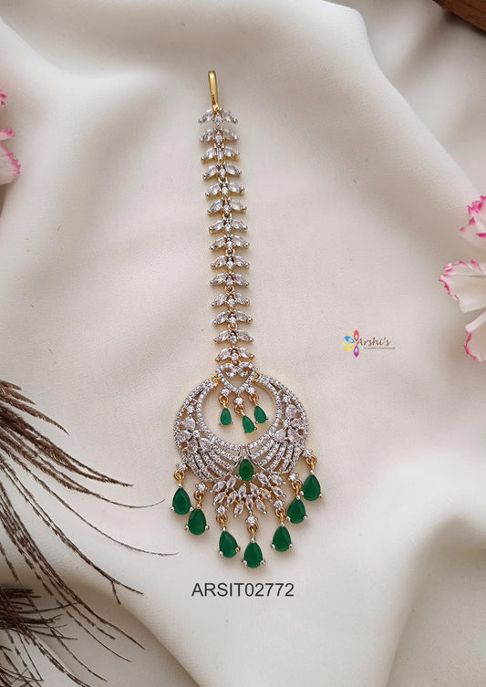 Diamond Look Like Green Stone Maangtikka