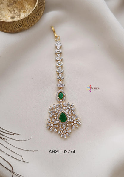 Diamond Look Like Green Stone Maangtikka