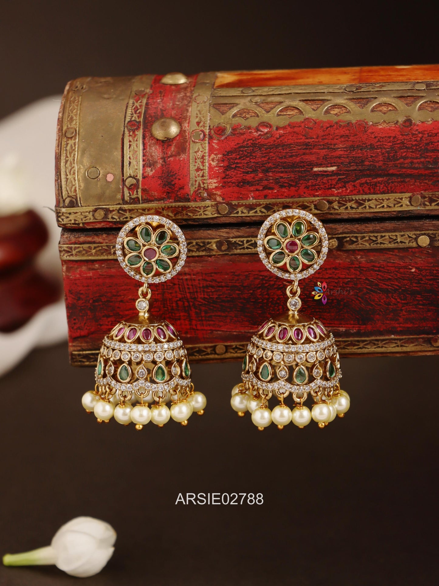 Emerald and White Stone Jhumka