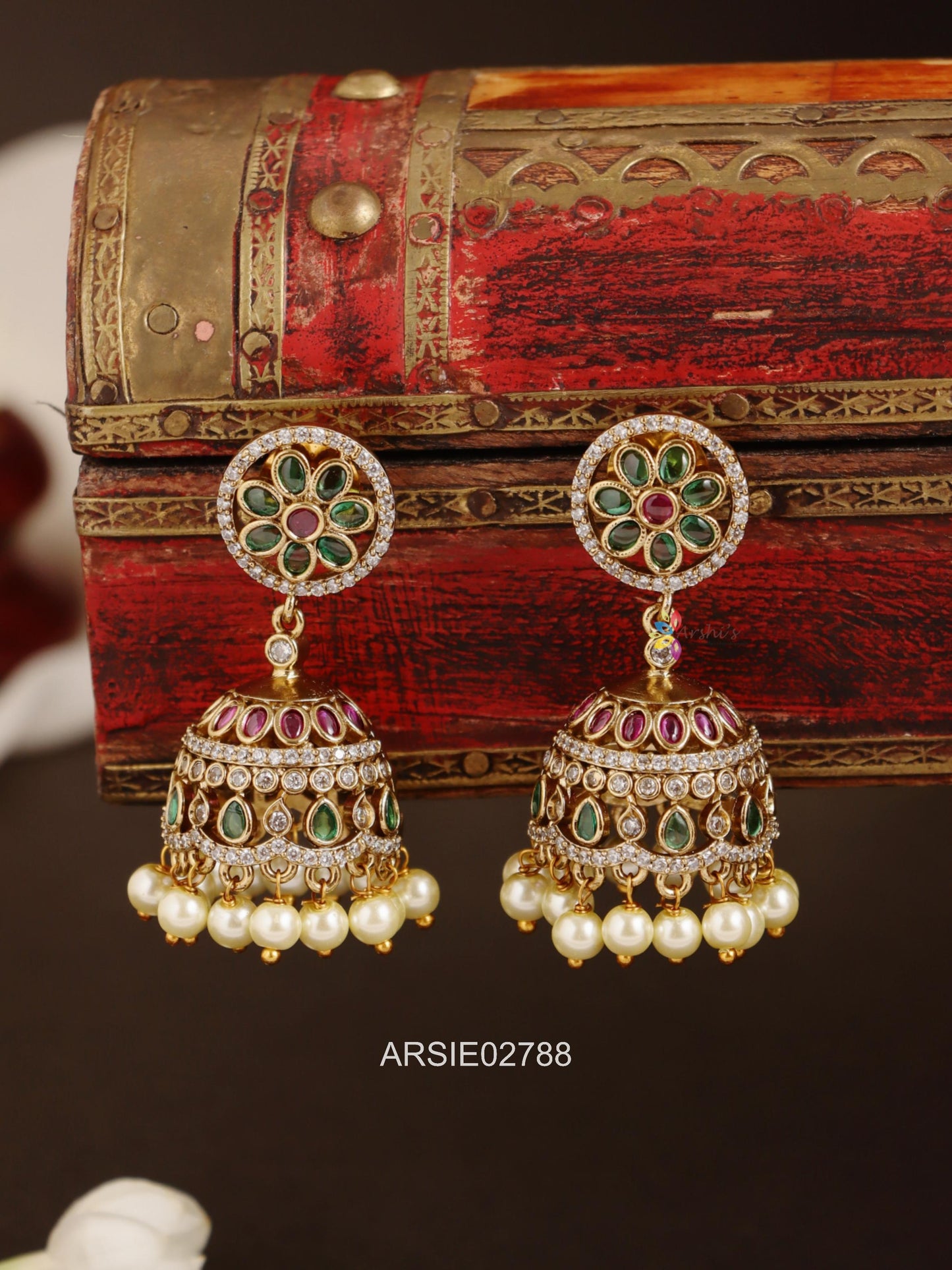 Emerald and White Stone Jhumka