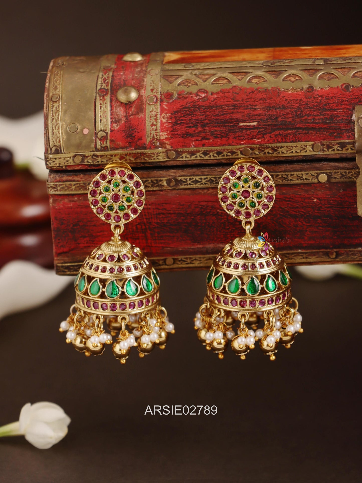 Red and Emerald Stone Jhumka
