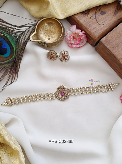 Peacock Ruby Stone Pearl Choker