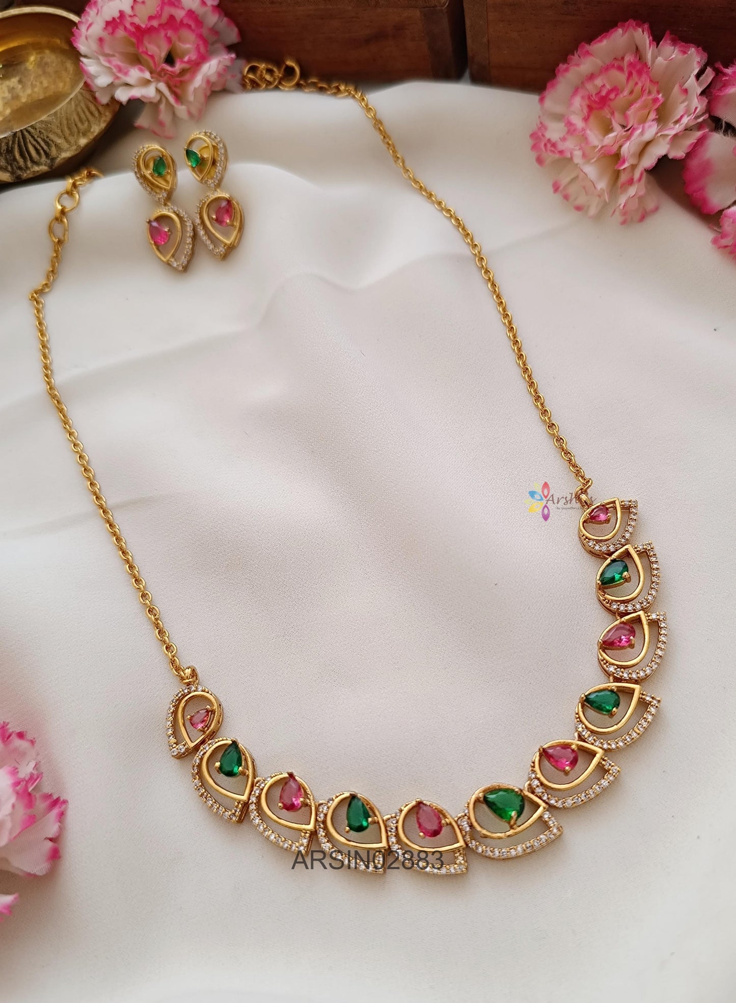 Diamond Look Like Ruby and Emerald Necklace