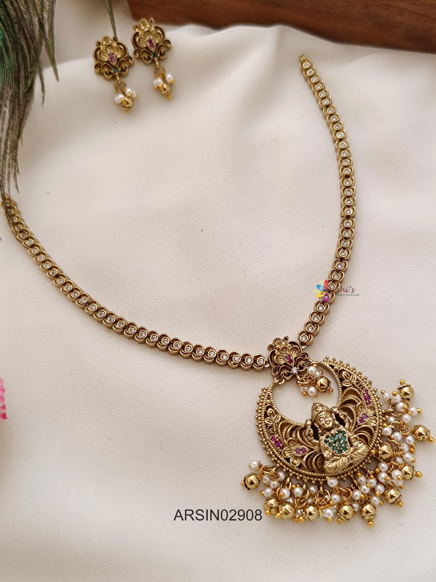 Chandbali Lakshmi Pendant with AD Stone Necklace