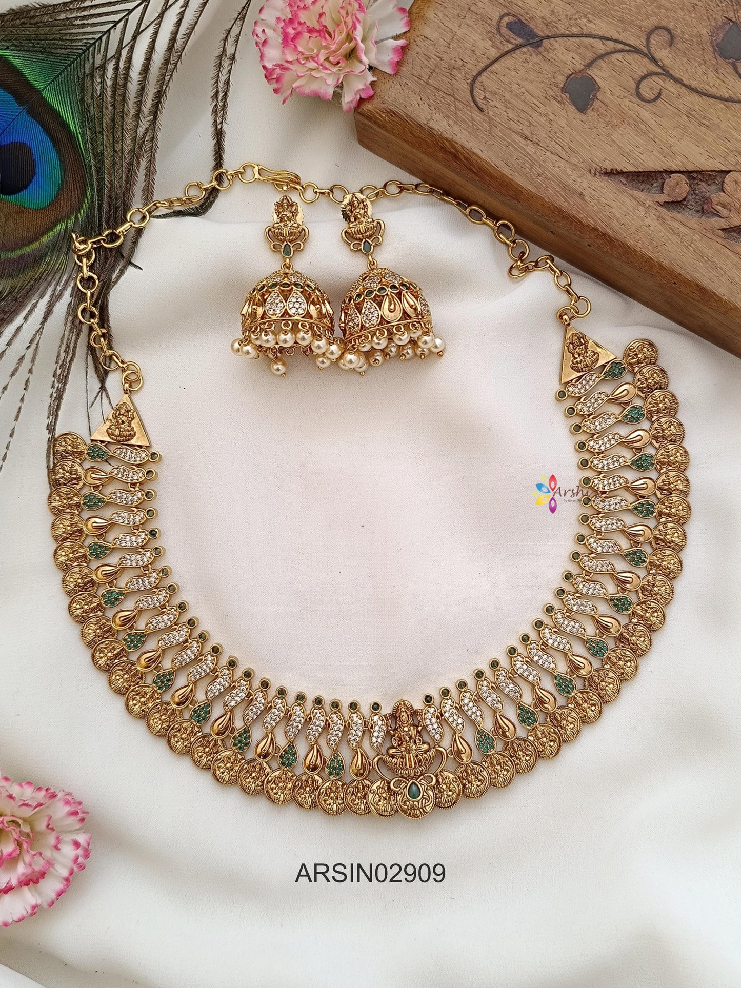Green and White Stone Lakshmi Coin Necklace