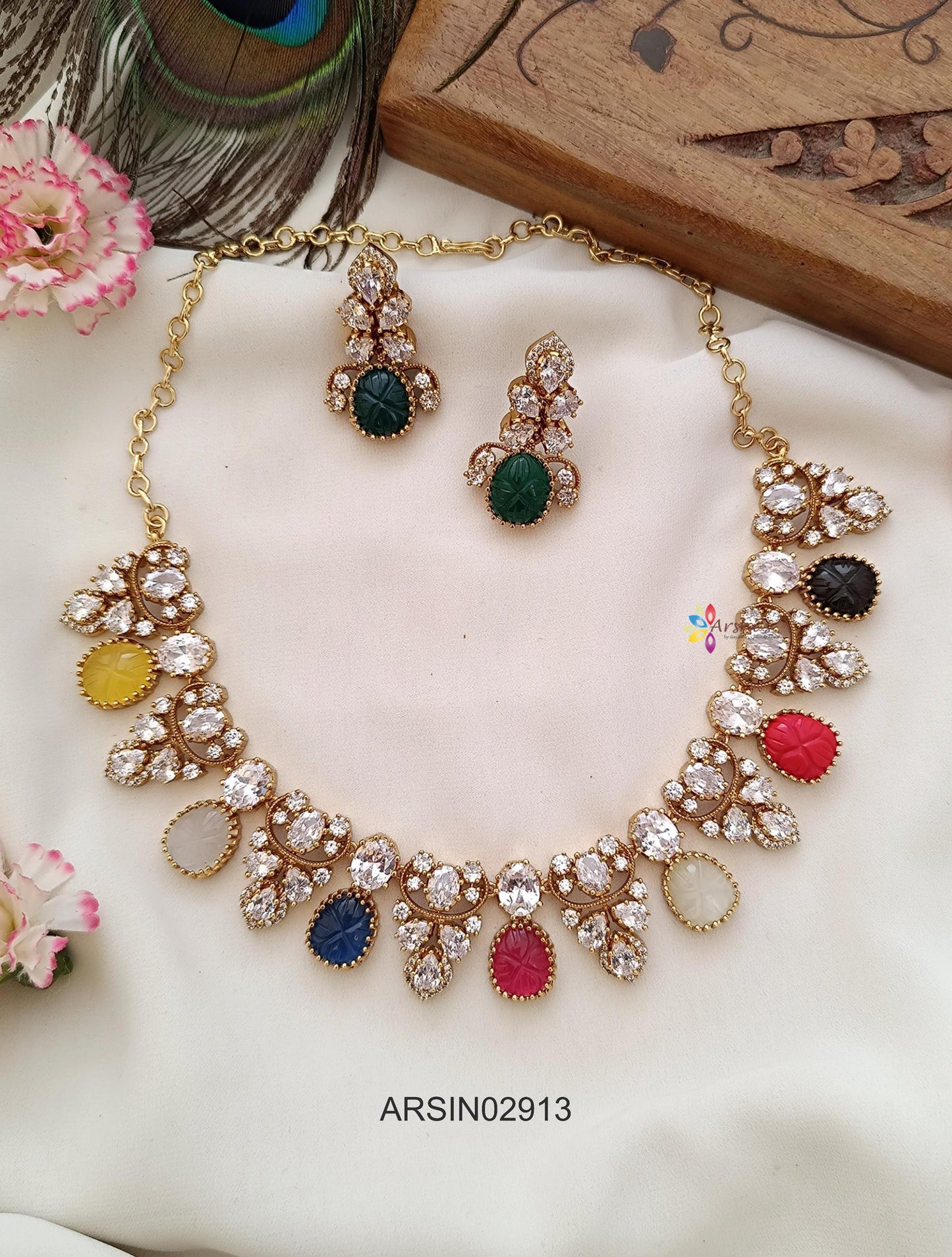 AD and Navarathna Stone Drops Necklace