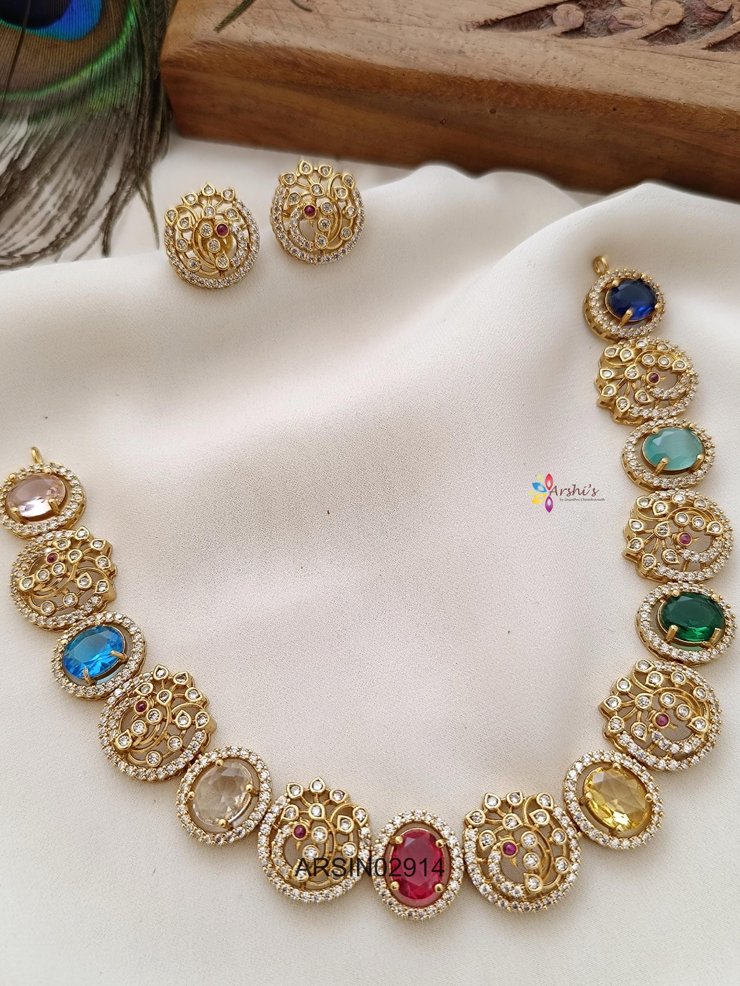 Peacock and Navarathna Stone Necklace