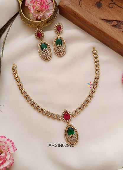 Emerald and Ruby Pendant White Stone Necklace