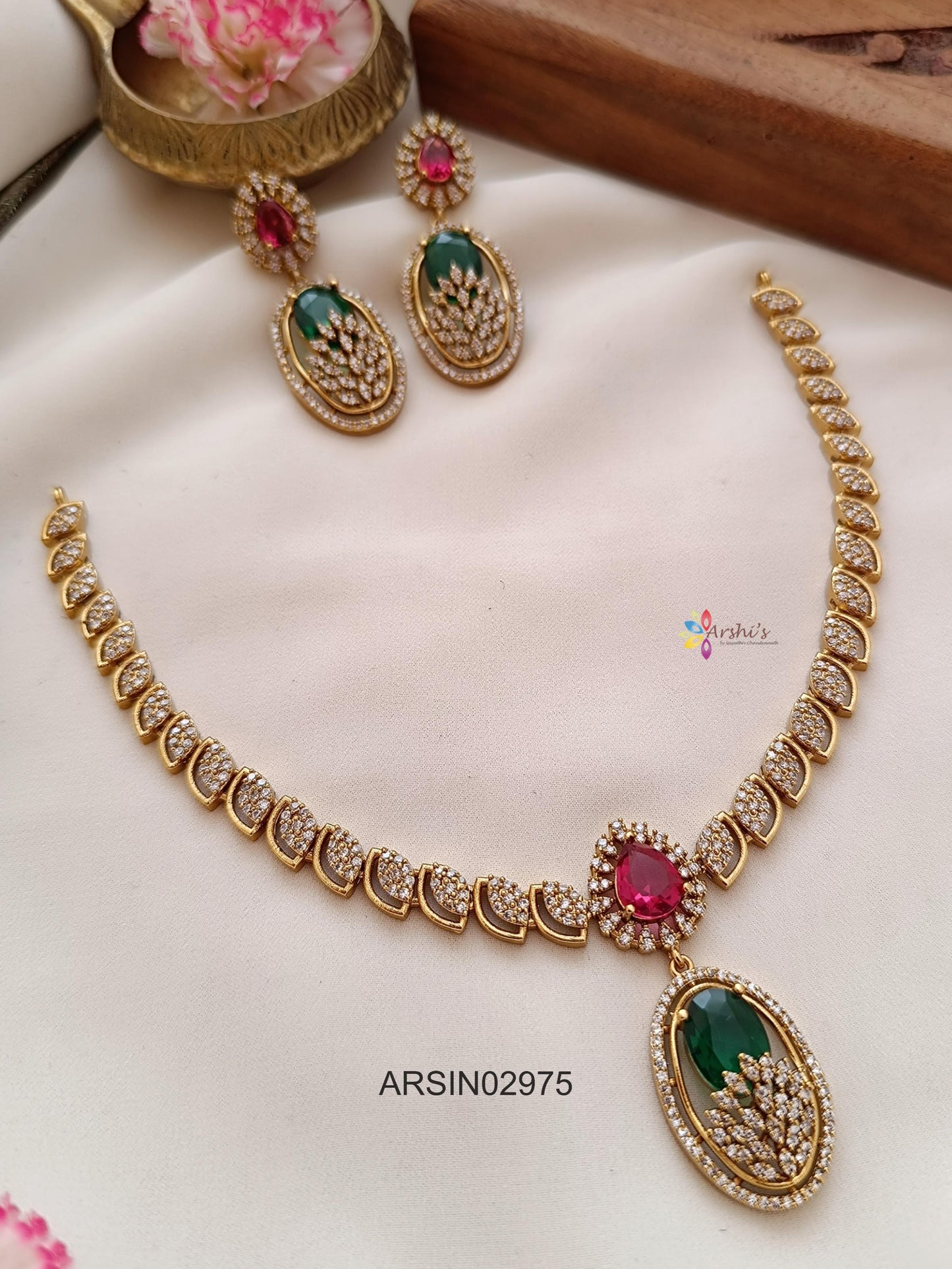 Emerald and Ruby Pendant White Stone Necklace