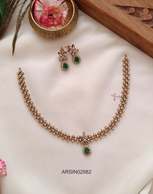 Emerald Pendant White Stone Chain Necklace