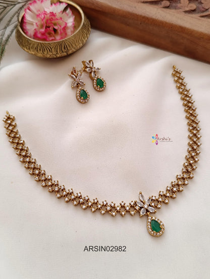 Emerald Pendant White Stone Chain Necklace