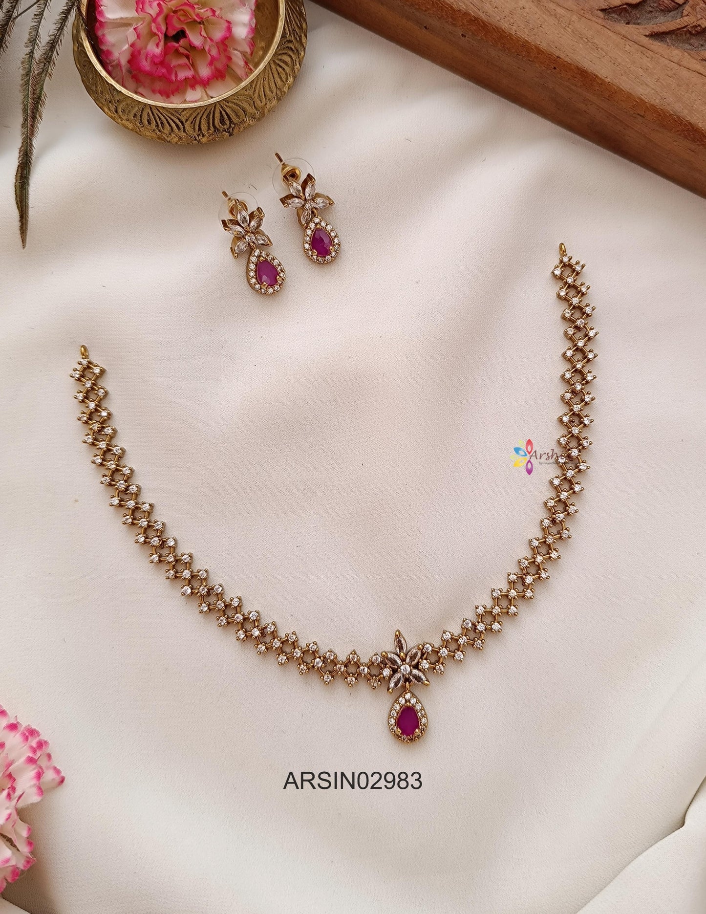 Ruby Pendant White Stone Chain Necklace