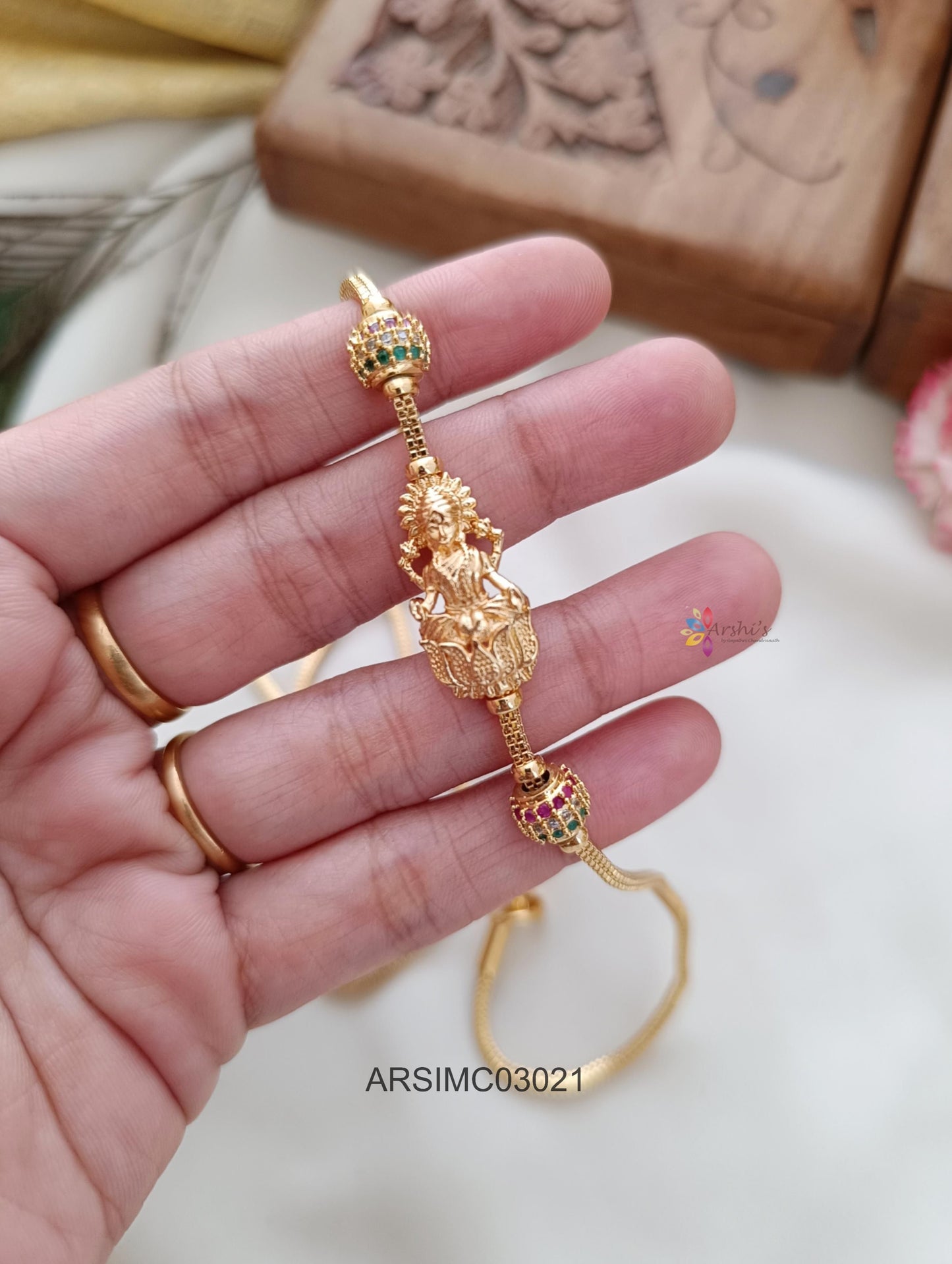 Lakshmi with Side Gold Ball Multi Stone Mugappu Chain